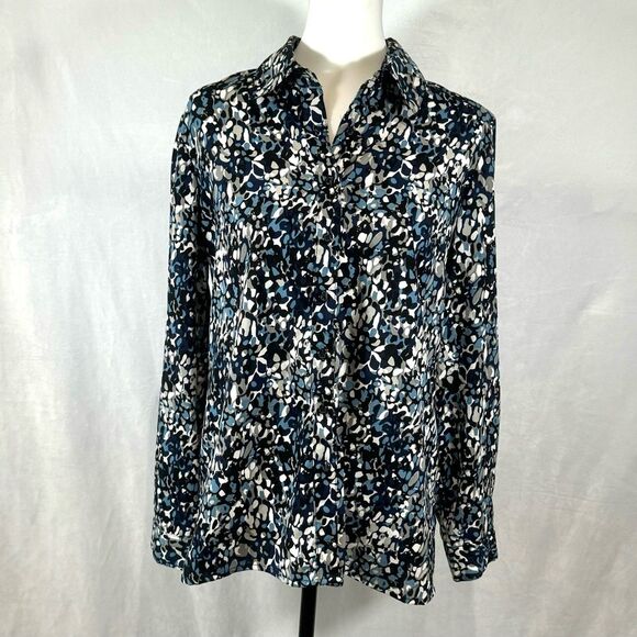 Elementz navy blue gray and white abstract print button down top size medium - Picture 1 of 5